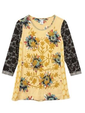 John Mark Mixed Media Floral Embroidered 3/4 Sleeve Tunic Top Women’s Size Small